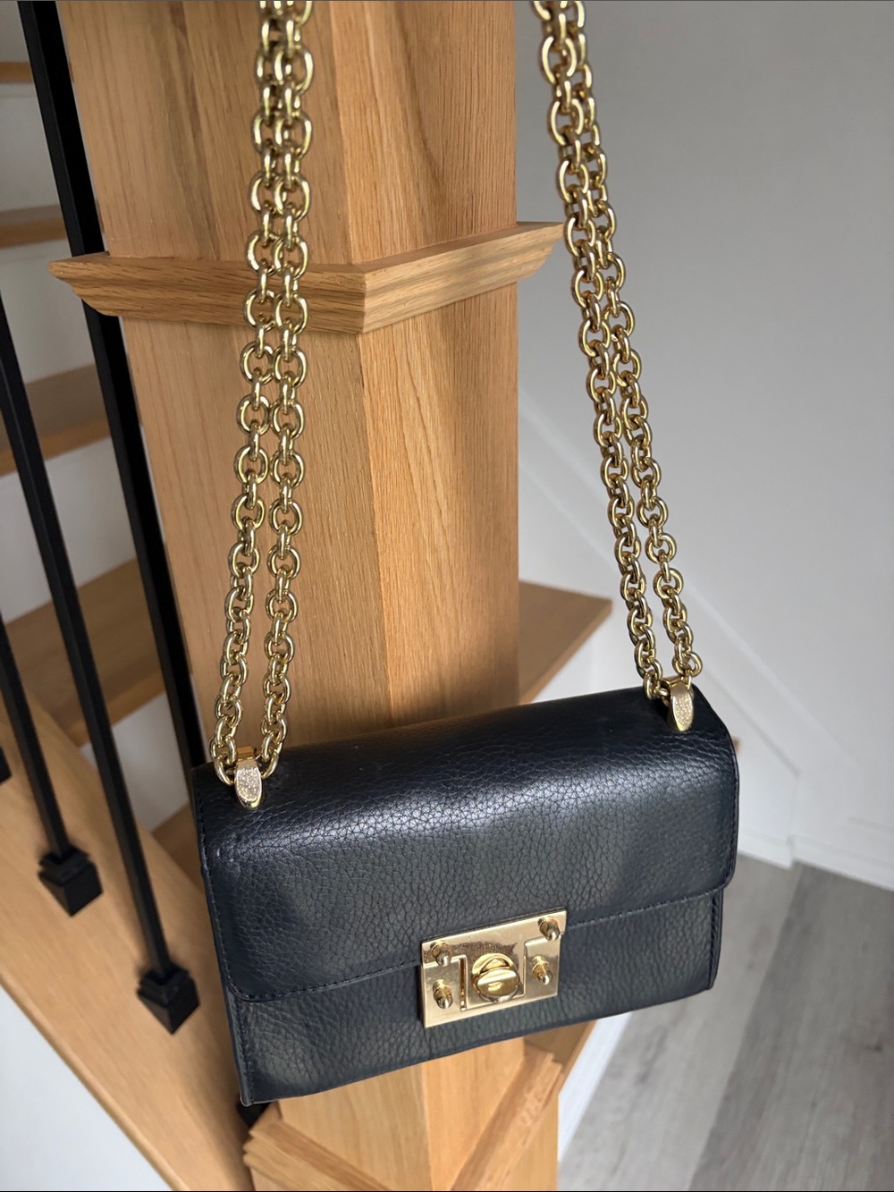 Classic Black Leather Shoulder Bag with Gold Hardware